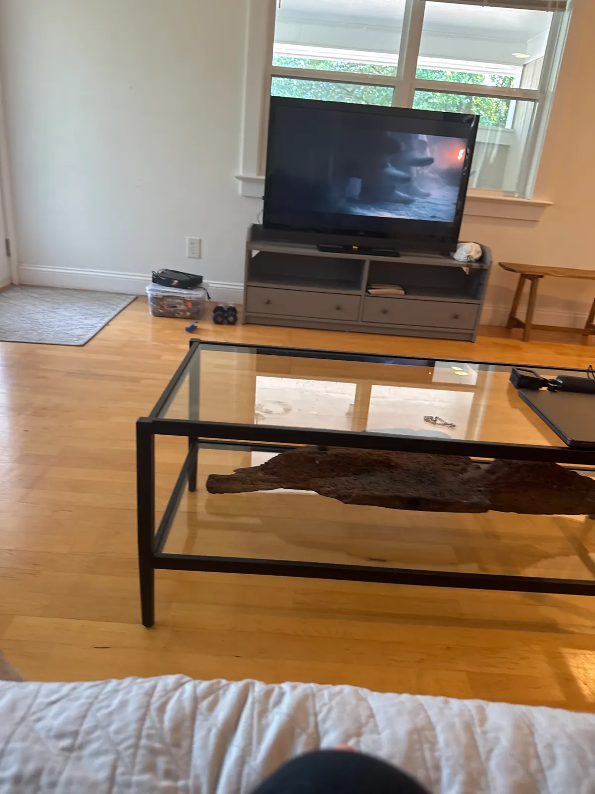 Glass coffee table, metal frame